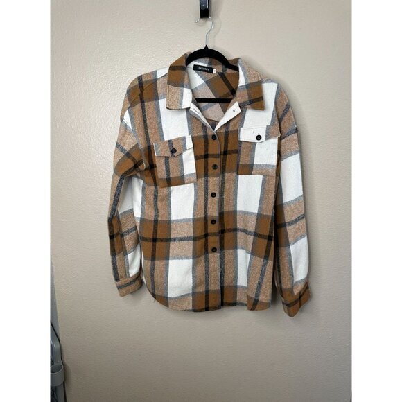Automet Womens‎ Brown Shacket Medium Plaid collared button up Nylon long sleeve - Picture 1 of 9